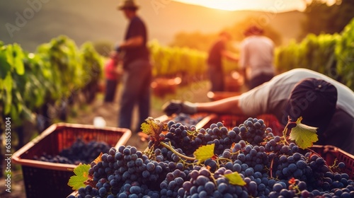 Workers picking grapes. Black or blue bunch grapes