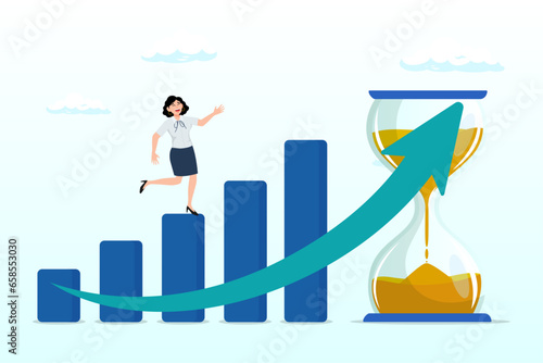 Woman walk up growth rising up graph with sandglass metaphor of time, time value of money, long term investment, business growth or success growing business, make profit or investment gain (Vector)