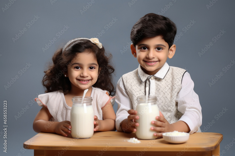 Indian little siblings drinking milk in glass