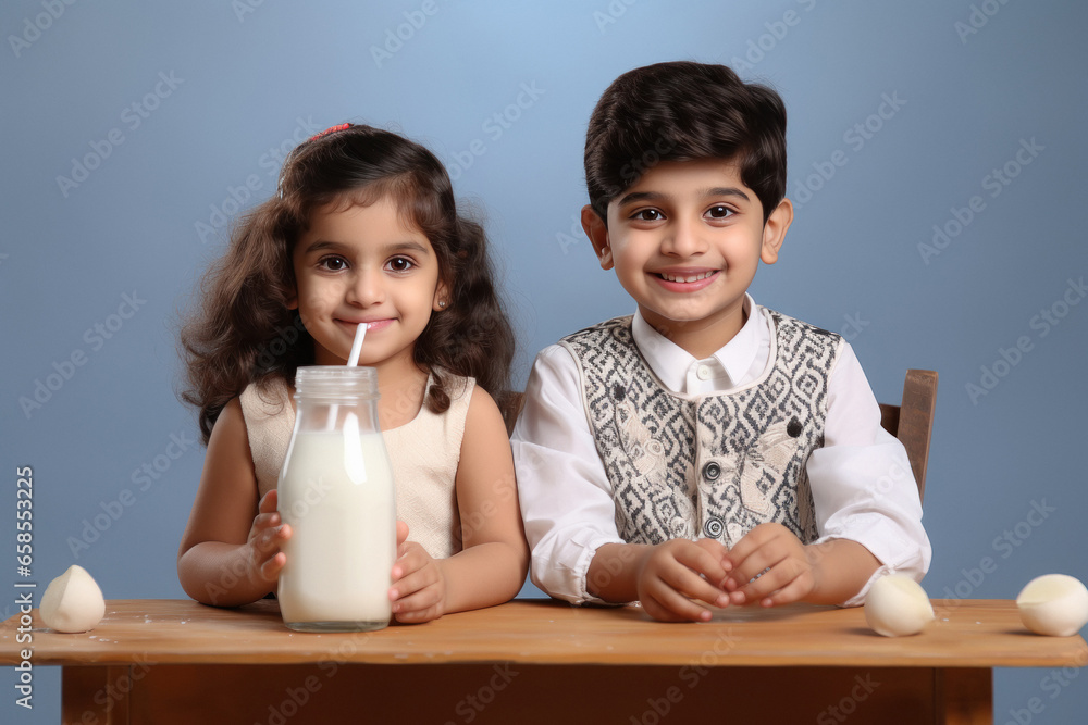 Indian little siblings drinking milk in glass Indian little siblings drinking milk in glass
