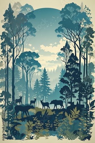 Vector vintage forest landscape with blue and grees silhouettes of trees and wild animals. forest