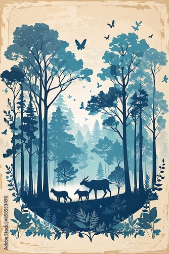 Vector vintage forest landscape with blue and grees silhouettes of trees and wild animals. plant