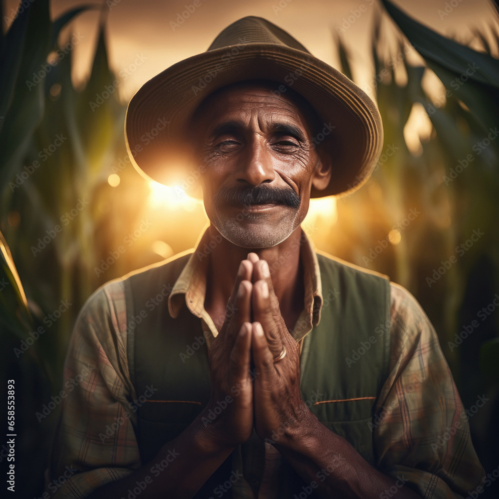 Indian senior farmer doing namaste or welcome gesture at agriculture field Indian senior farmer doing namaste or welcome gesture at agriculture field