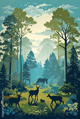 Vector vintage forest landscape with blue and grees silhouettes of trees and wild animals. tree