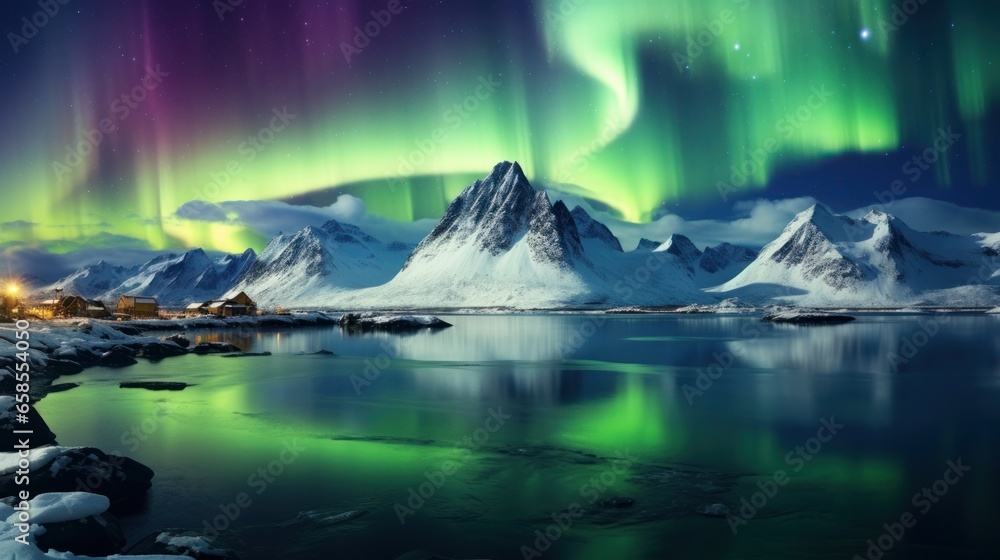 Aurora borealis over snowy mountain and beach in winter. Starry sky with polar lights. Night landscape with aurora, frozen seashore, city lights