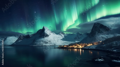 Aurora borealis over snowy mountain and beach in winter. Starry sky with polar lights. Night landscape with aurora, frozen seashore, city lights