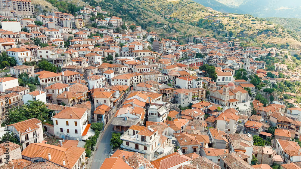 Arachova, Greece. Arachova is a small town in Greece, in the community of Distomon-Arachova-Andikira. Sunny weather with clouds. Summer, Aerial View