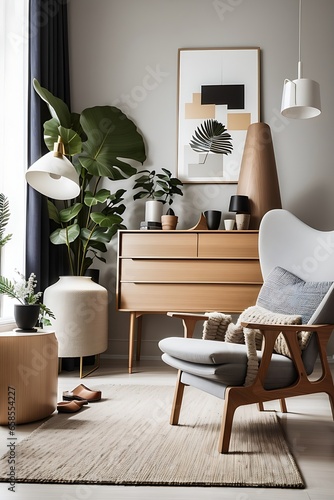 Stylish scandinavian living room interior of modern apartment with wooden commode, design armchair, carpet, leaf in vase, table lamp and personal accessories in unique home decor. grey