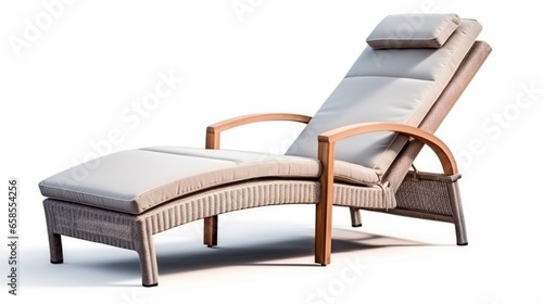 Isolated on a white background, a wicker chaise lounge. Long beach chair with armrests and soft cushions. Furniture for the Patio and Outside. Loungers made of rattan. Recliners for the pool. Outdoor  photo