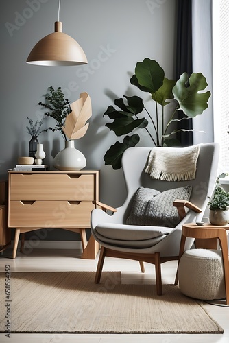 Stylish scandinavian living room interior of modern apartment with wooden commode, design armchair, carpet, leaf in vase, table lamp and personal accessories in unique home decor. living
