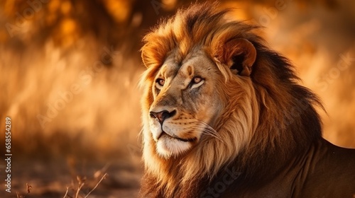Wild African lion image in warm lighting, game drive animals wildlife safari, eco travel and tourism, national park nature