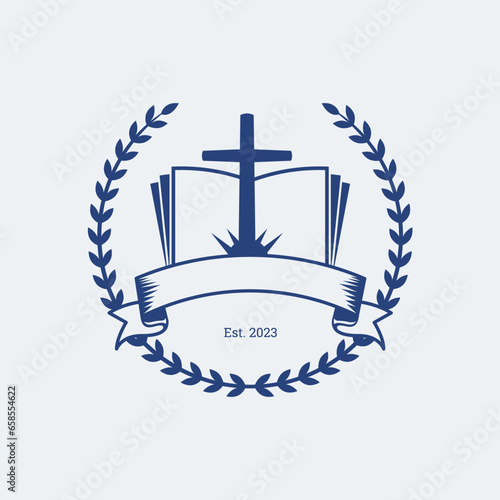 christian school logo, Cross icon with an open book or bible. Academy logo for Christianity students or use as church symbol. Leaf wreath around the icon.