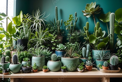 Stylish composition of home garden interior filled a lot of beautiful plants, cacti, succulents, air plant in different design pots. Green wall paneling. contemporary