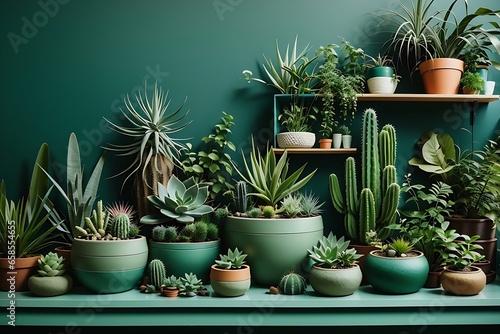 Stylish composition of home garden interior filled a lot of beautiful plants, cacti, succulents, air plant in different design pots. Green wall paneling. decor