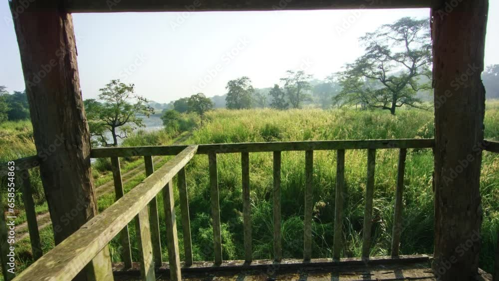 Dolly forward to view of Nepali jungle from watch tower - slow motion Dolly forward to view of Nepali jungle from watch tower - slow motion