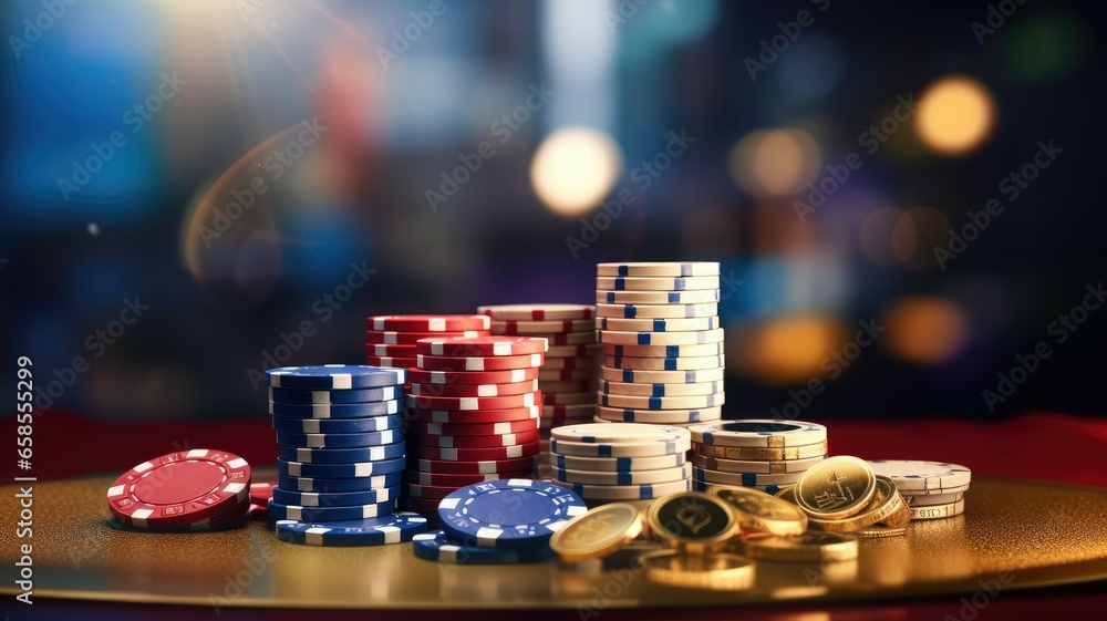 Poker chips and dice in the casino background. Poker chips and dice in the casino background.