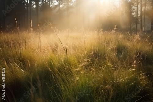 Grass forest morning sun. Nature fog. Generate Ai