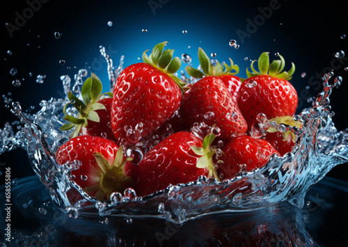 dojrzałe, czerwone truskawki wpadają do wody. © siwyk