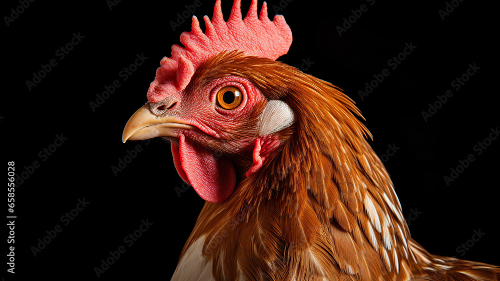 Chicken on black background, in the style of contemporary realist portrait