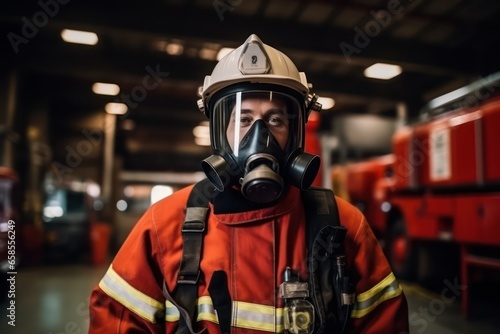 Duty portrait of a firefighter. Photo of a happy fireman in a gas mask and helmet near a fire truck