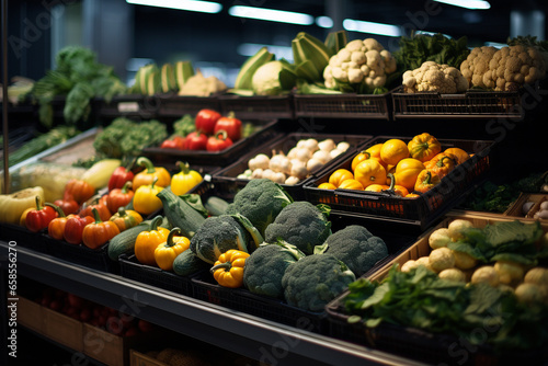 Fresh vegetables neatly arranged on market shelves. A colorful celebration of nature's bounty. Ai generated