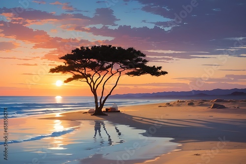 Tranquil beach at sunset, capturing the interplay of colors as the sun dips below the horizon, the gentle lapping of waves, and the serene atmosphere. Tree