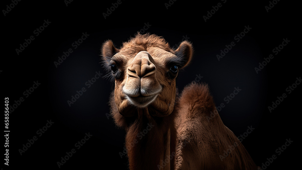 Camel on black background, in the style of contemporary realism portrait.