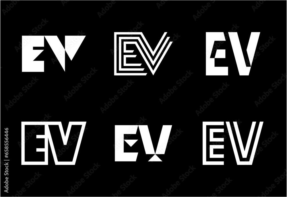 Set of letter EV logos. Abstract logos collection with letters. Geometrical abstract logos Set of letter EV logos. Abstract logos collection with letters. Geometrical abstract logos