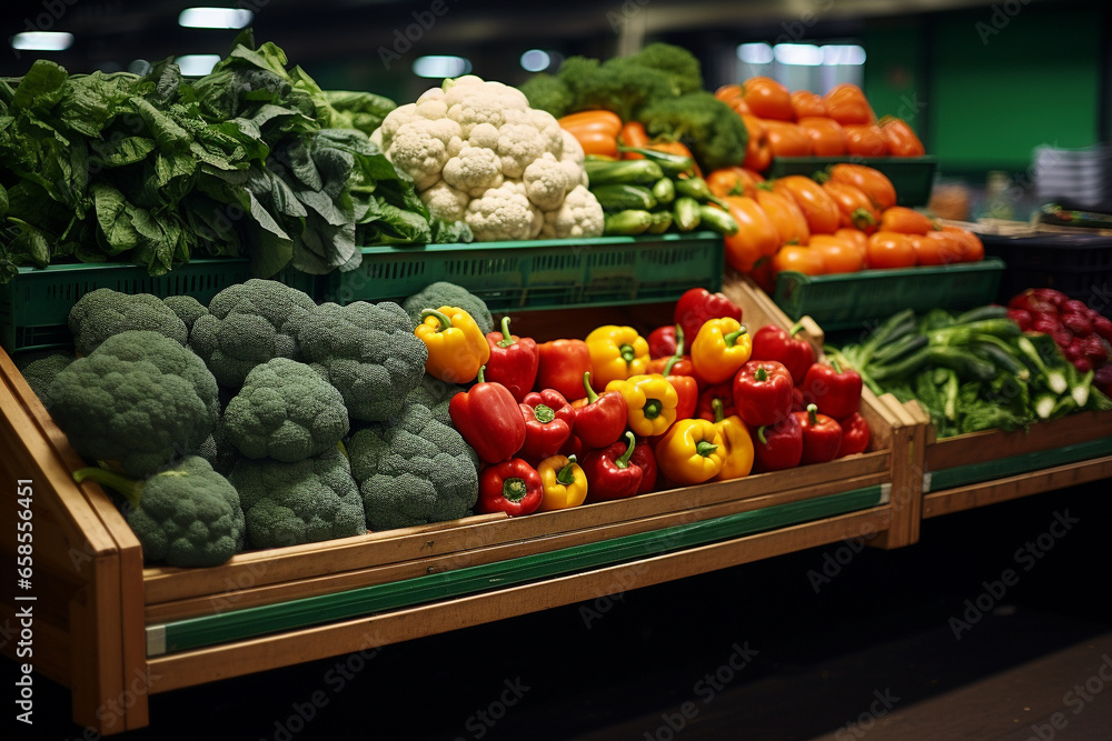Fresh vegetables neatly arranged on market shelves. A colorful celebration of nature's bounty. Ai generated