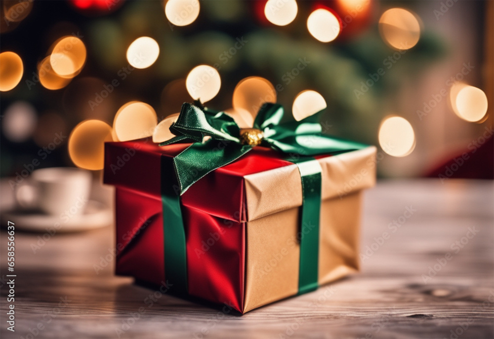 Christmas gift box on cafe table with blurred background. High quality photo. Christmas gift box on cafe table with blurred background. High quality photo.