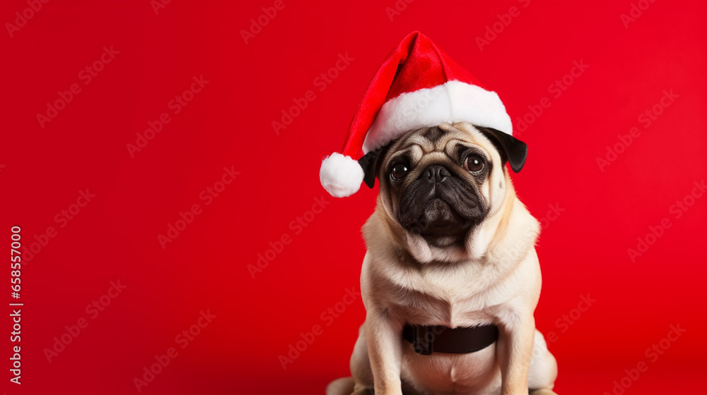 Adorable wallpaper or background of young funny looking dog dressed up as santa in christmas card photo shoot on red background. Adorable wallpaper or background of young funny looking dog dressed up as santa in christmas card photo shoot on red background.