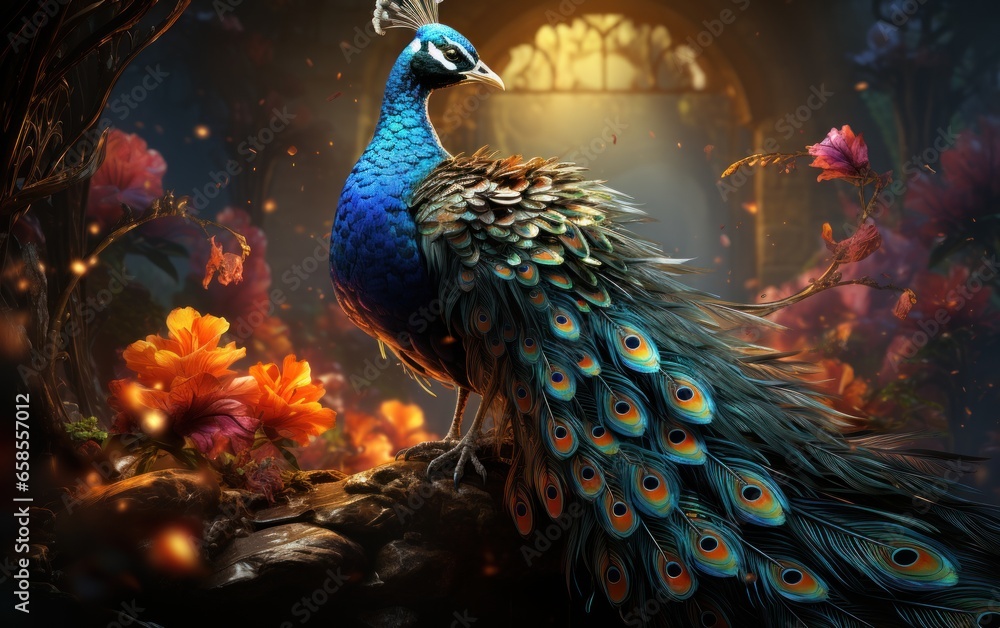 Fototapeta premium Beautiful peacock. Majestic magical plumage.