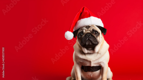 Adorable wallpaper or background of young funny looking dog dressed up as santa in christmas card photo shoot on red background. © Ramesh Design