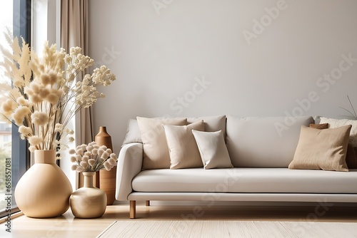 Minimalist composition of living room interior with neutral sofa, design wooden side table, dried flower in vase, pillow, window, decoration and elegant personal accessoires in home decor.  interior photo