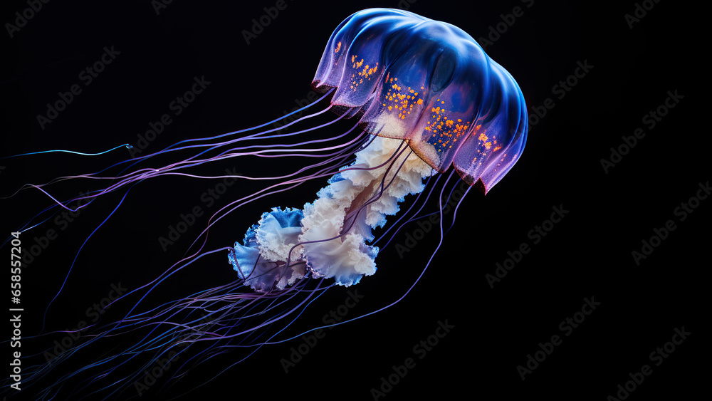 Jellyfish on black background, in the style of contemporary realism portrait Jellyfish on black background, in the style of contemporary realism portrait
