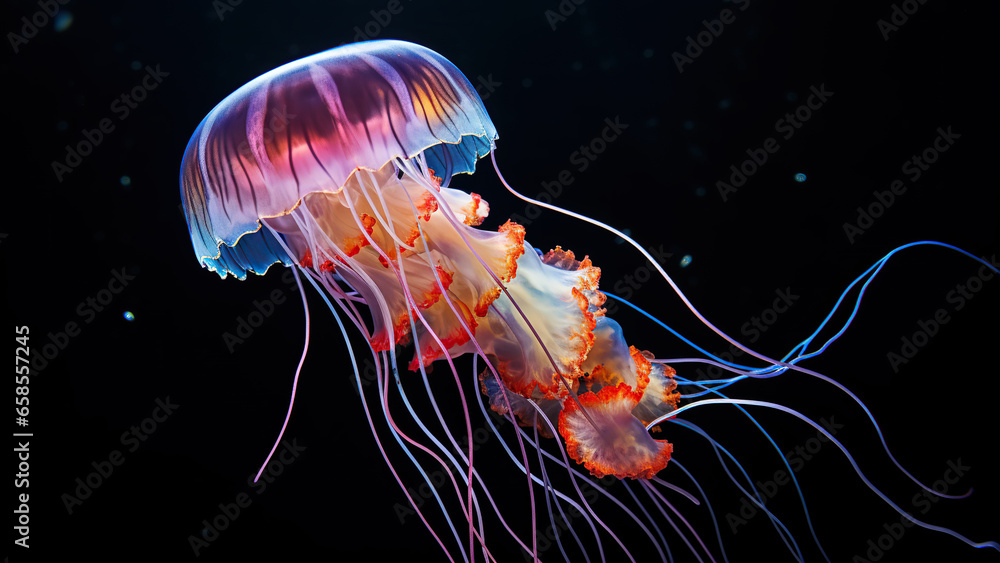 Jellyfish on black background, in the style of contemporary realism portrait. Jellyfish on black background, in the style of contemporary realism portrait.