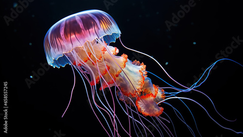 Jellyfish on black background, in the style of contemporary realism portrait. © Andriy