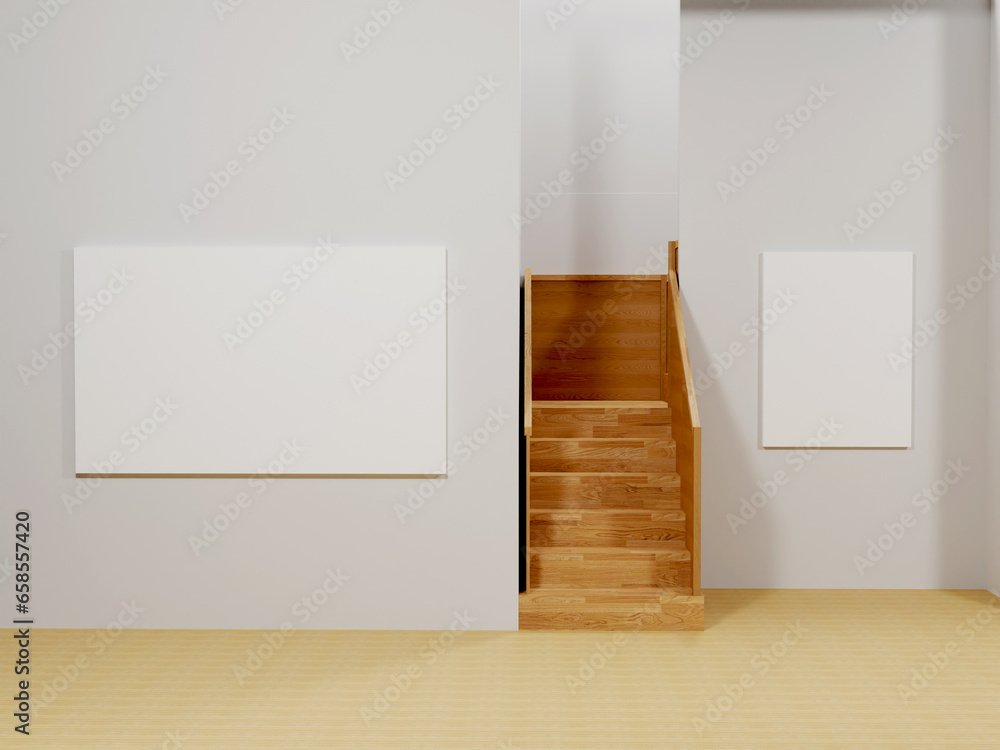 Fototapeta premium Wooden staircase decorated with empty poster, Empty frame. white background. Advertisement concept. Mock up, 3D Rendering front view