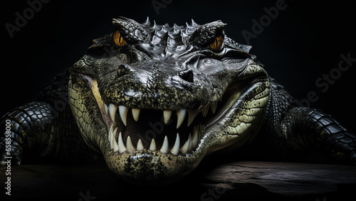 Crocodile on black background, in the style of contemporary realist portrait.