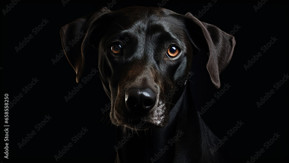 Dog on black background, in the style of contemporary realist portrait.