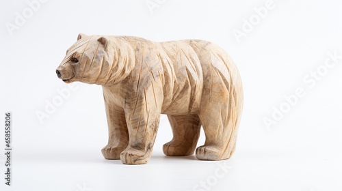 Handmade wood figurine of a wild bear on a white backdrop.
