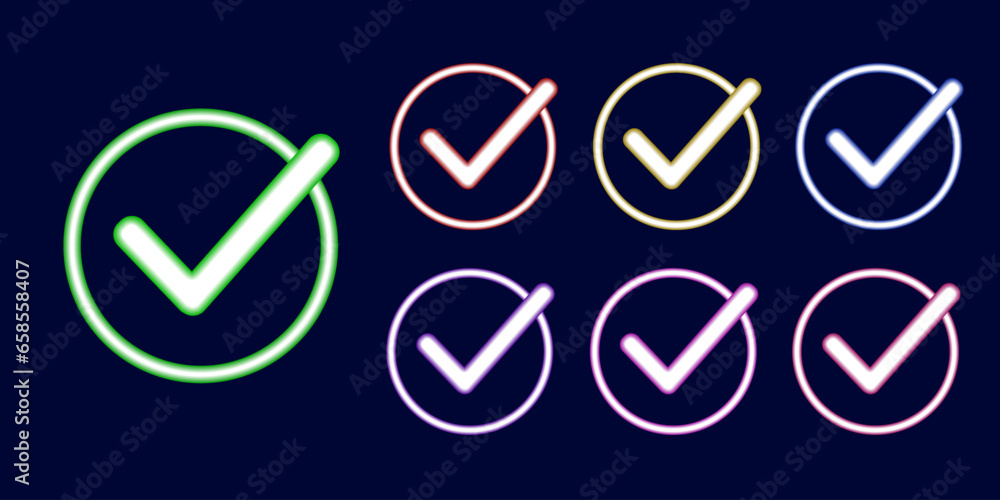 Neon icon done for website. Check mark neon. Button Neon icon done for website. Check mark neon. Button