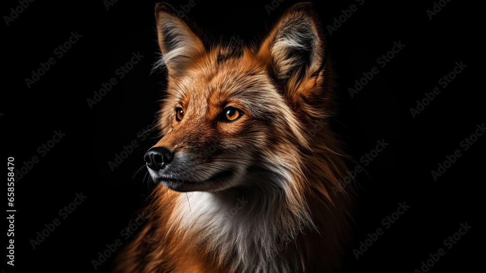 Fototapeta premium Fox on black background, in the style of contemporary realism portrait.