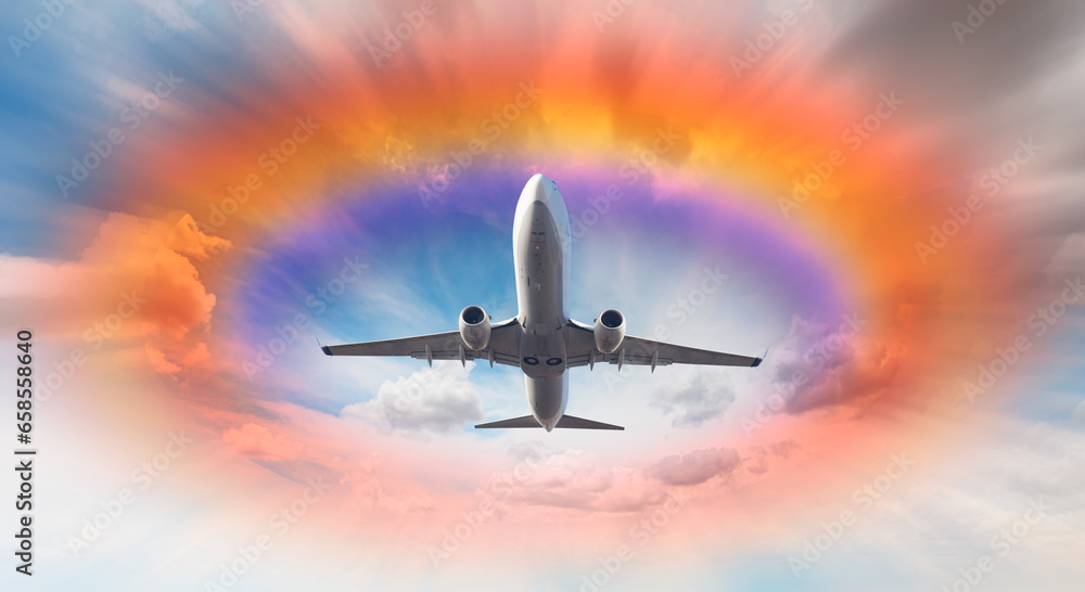 White passenger airplane under the clouds with amazing round shape rainbow - Travel by air transport