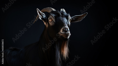 Goat on black background, in the style of contemporary realist portrait.
