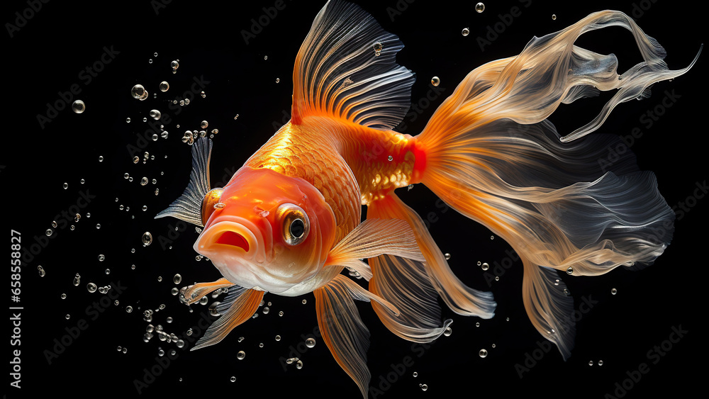 Goldfish on black background, in the style of contemporary realist portrait.