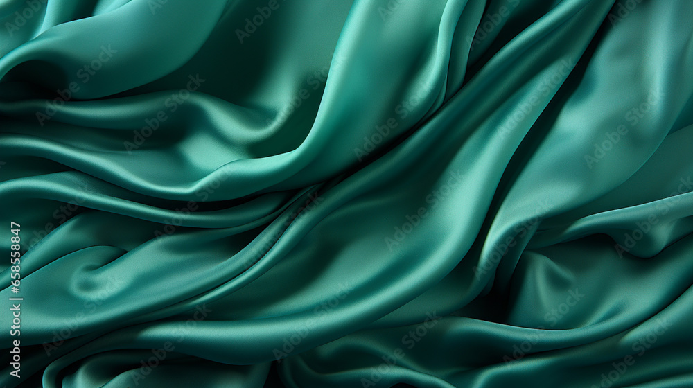 Fototapeta premium Beautiful light green blue silk satin surface. Soft folds on shiny fabric. Luxury teal background with space for text, design. Web banner. Flat lay table. Top view. Birthday, Christmas, Valentine