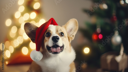 Wallpaper Mural Cute dog corgi in Santa hat celebrates Christmas at home on Christmas eve. Torontodigital.ca