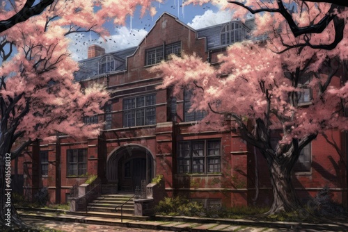 school buildings and cherry trees
