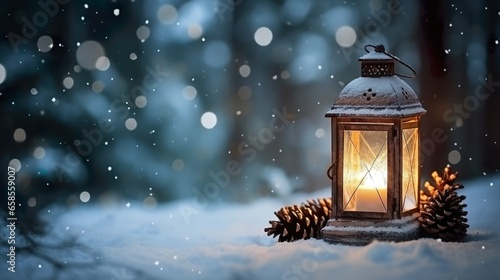 Winter Wonderland: Christmas Lantern and Pine Cone Decoration in Snowy Landscape with Enchanting Bokeh © Konrad